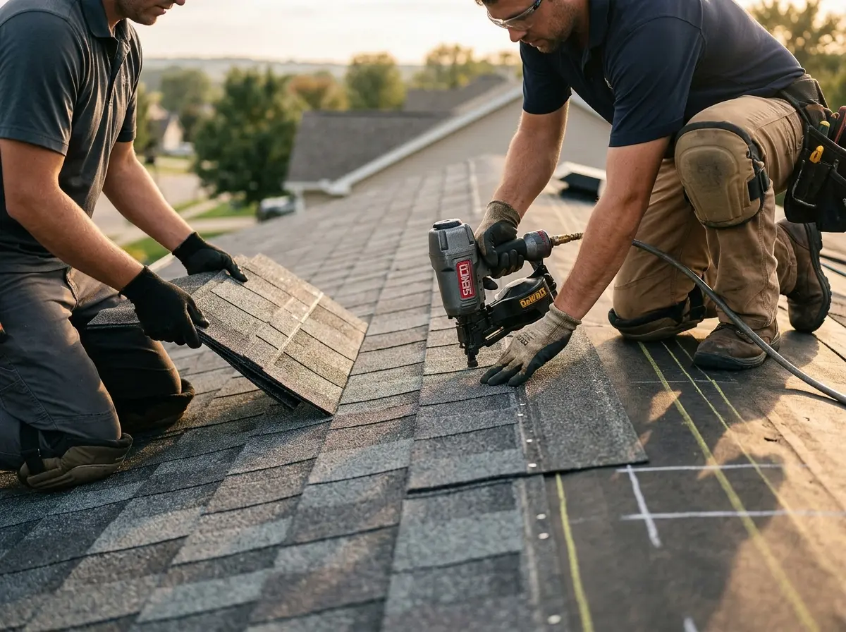Professional roofer working on a residential roof in Los Lunas